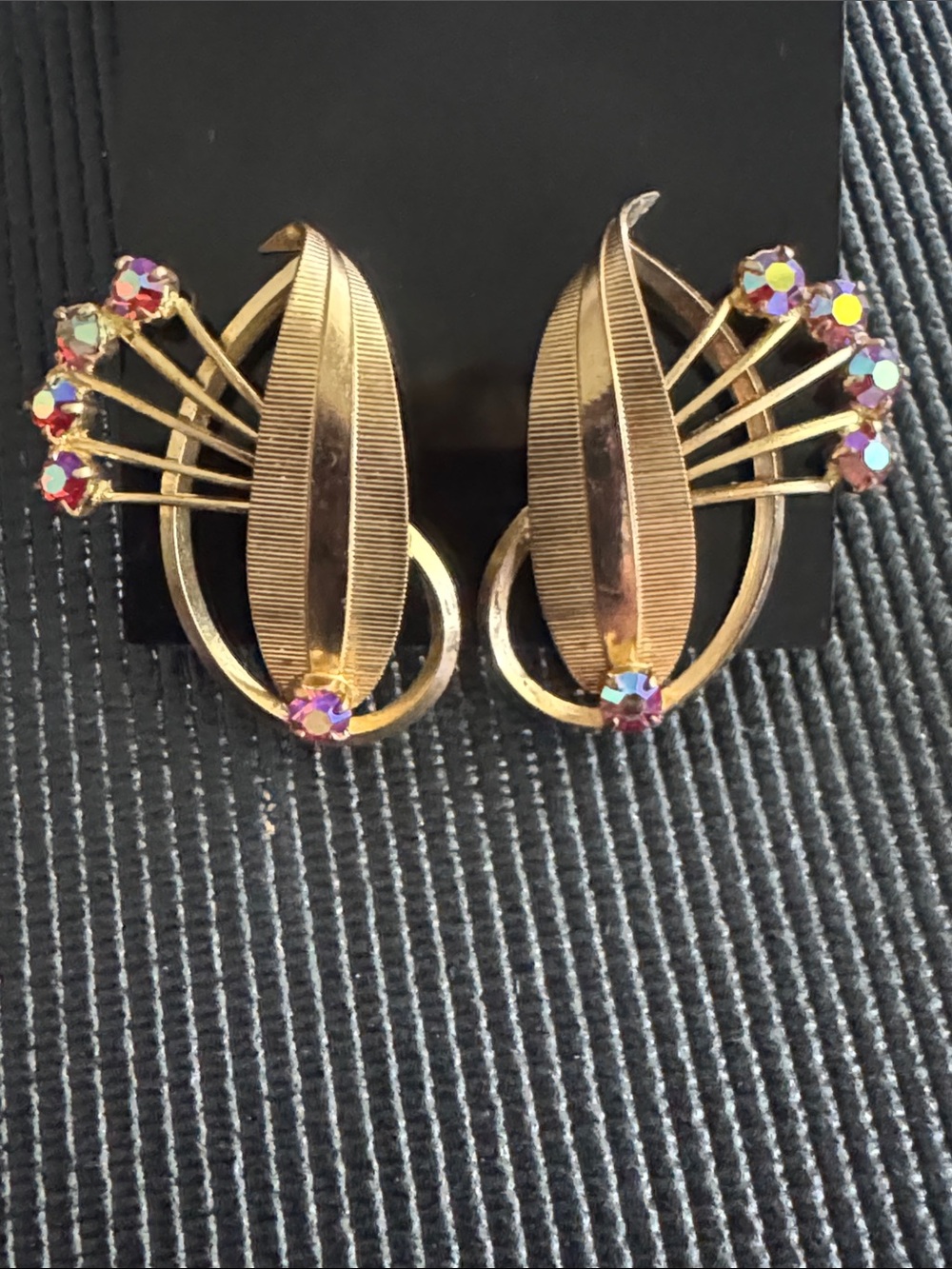 Vintage Gold Leaf Aurora Crystal Clip-On Statement Earrings